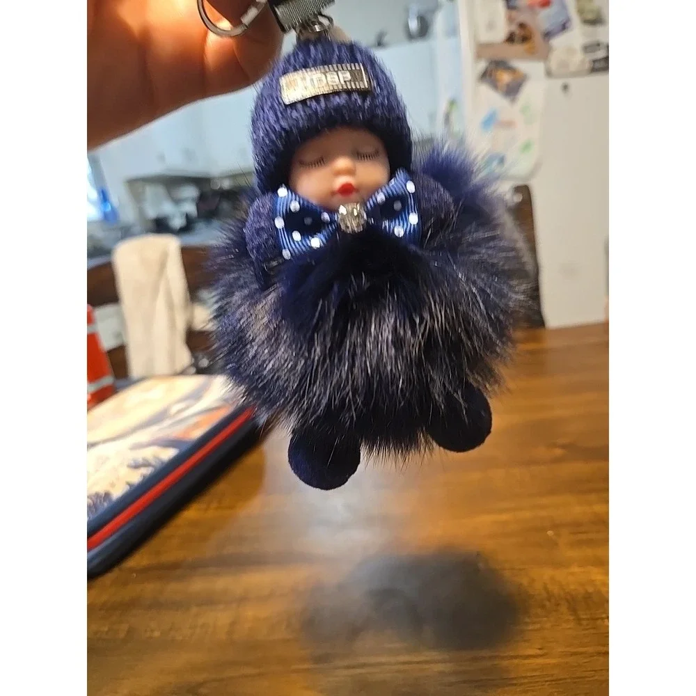 Adorable sleeping Baby Pom Pom  Keychain Purse Charm‎ - Navy Blue